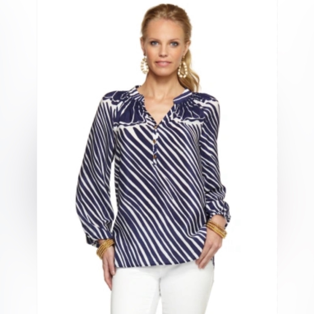 Lilly Pulitzer Elsa Silk Tunic Blouse – Navy & White – Size Medium